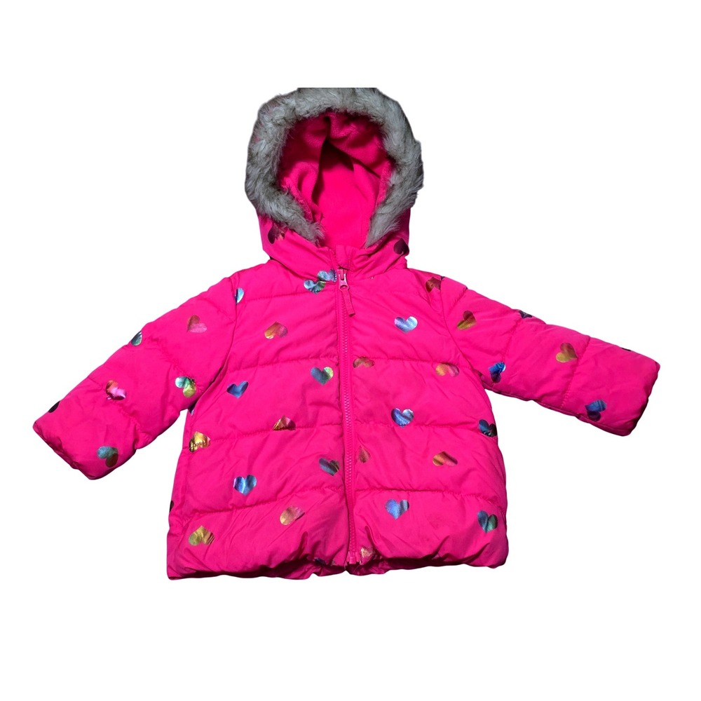 The Childrens Place Girls Pink‎ Heart Puffer Jacket with Faux Fur Hood Sz 18 24M